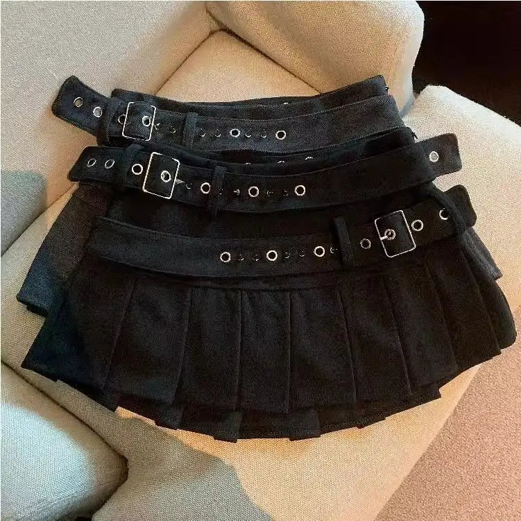 design double belt pleated skirt