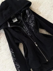 Y2K Gothic Drawstring Design Black Zipper Sweatshirt Jacket Coat Harajuku Letter Graphic Slim Hoodie Clothing