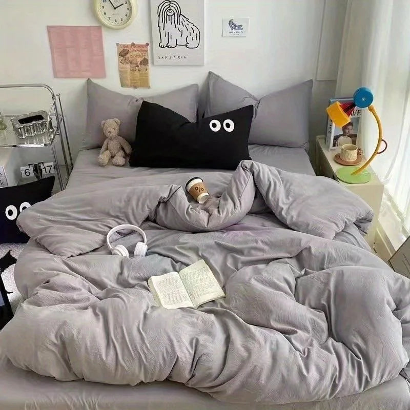 Cute Duvet Cover Set with Sheet Pillowcase No Filler Warm Solid Color Bed Linen Full Queen Size Korean Big Eyes Home Bedding Set