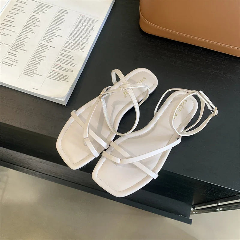 Gladiator Sandals Elegant Narrow Band Clip Toe Shoes Ladies Comfort Flats Beach Sandalias