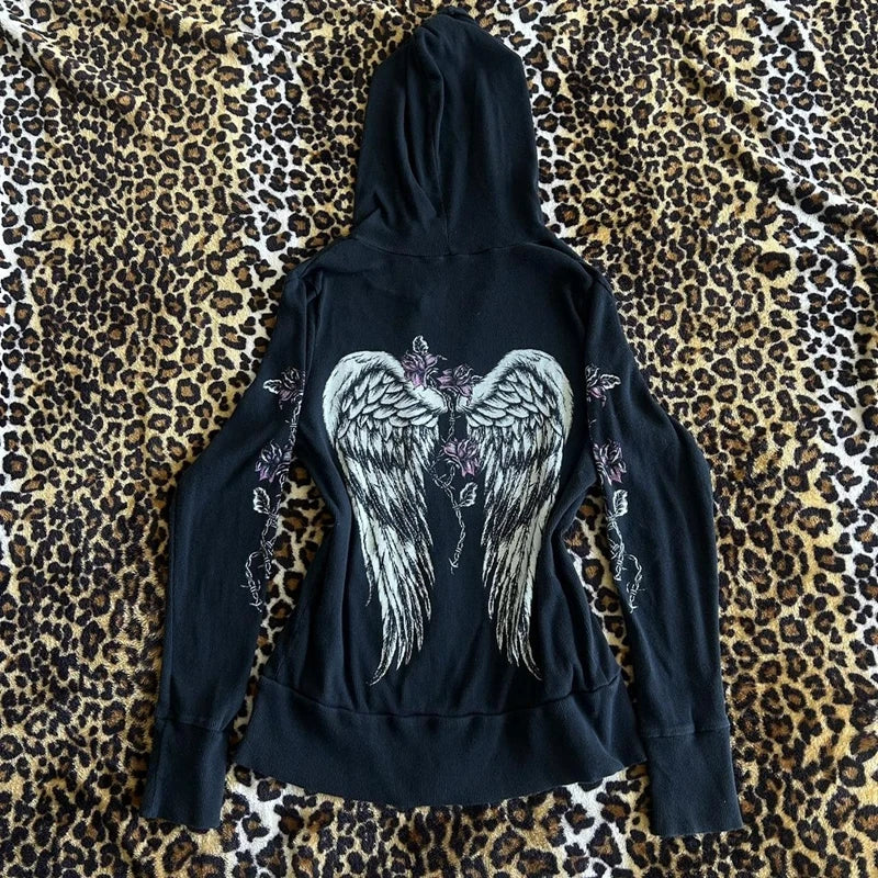 00s Vintage Jacket Y2k Grunge Zip Up Sweatshirt Flower Wings Print Slim Fit Hoodies E-girl Gothic Cool Street Outwear