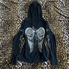 00s Vintage Jacket Y2k Grunge Zip Up Sweatshirt Flower Wings Print Slim Fit Hoodies E-girl Gothic Cool Street Outwear