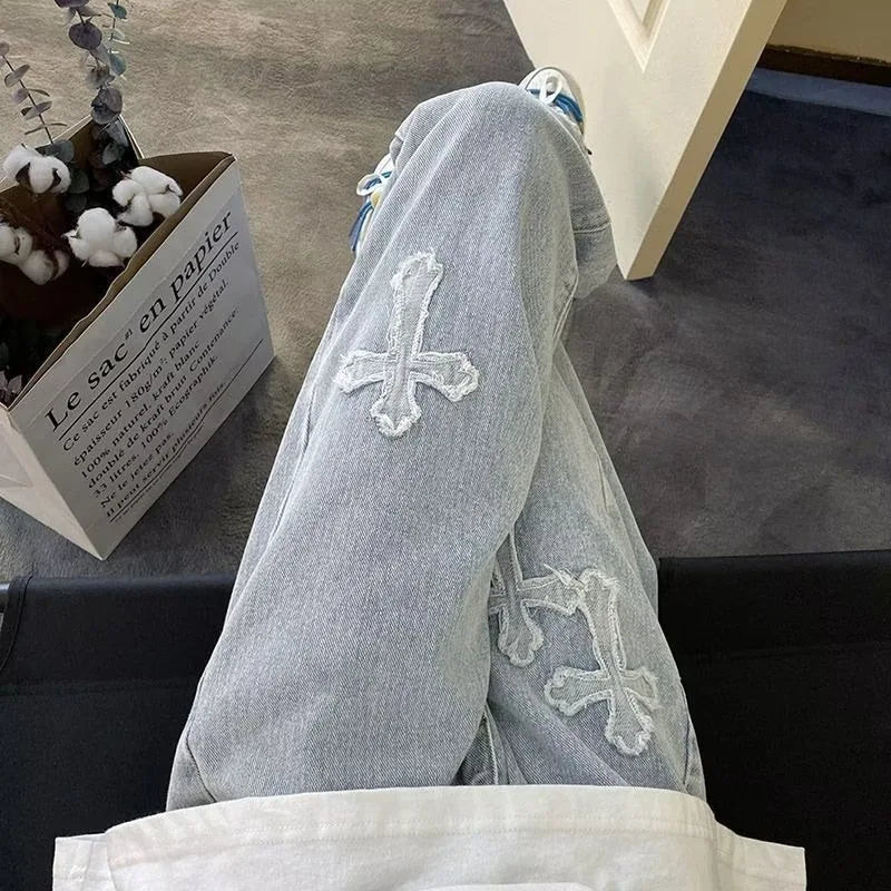 Cross Embroidery Y2k Jeanss Straight Denim Pants Casual Vintage Jeans Versatile Streetwear High Street Pants