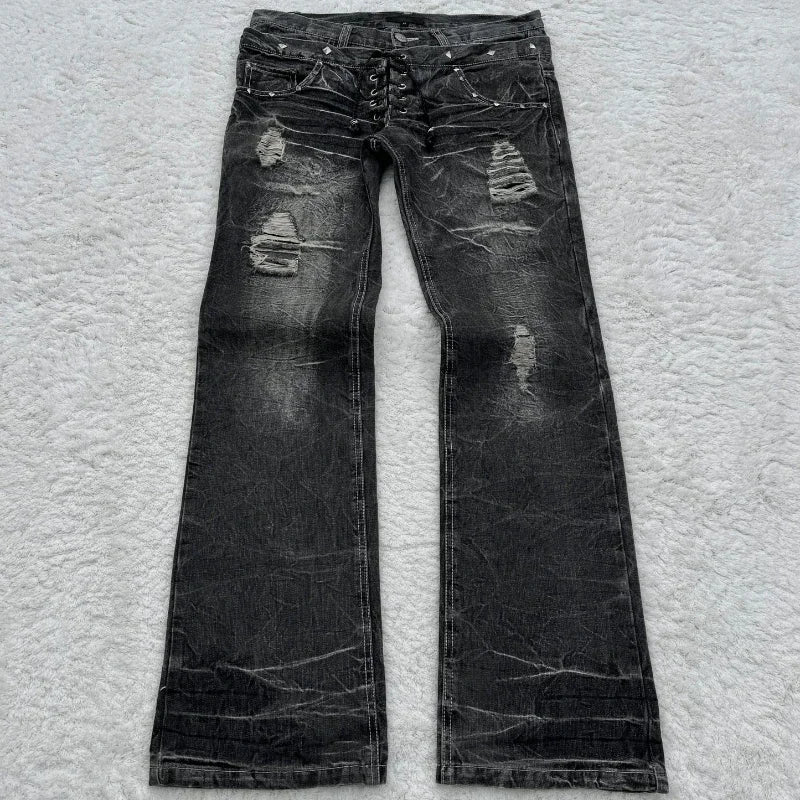 Y2K Retro jeans damaged washed holes Gothic style jeans trend double waisted Add nails long flared pants
