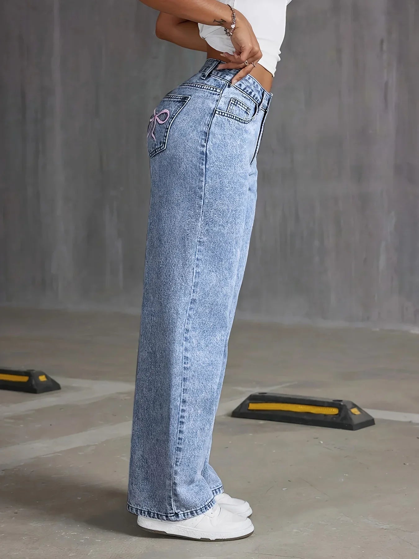 Back Pocket Bow Embroideredable Wide Leg Pants Versatile Washed Denim Trousers
