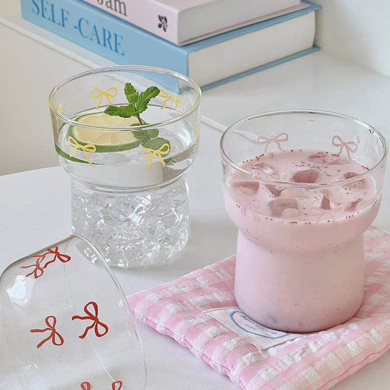 INS Pink Bow Glass Cups Iced Coffee Mug Clear Drinking Glasses Tumbler Milk Tea Juice Water Cup Dessert Cups Drinkware 260-380ML