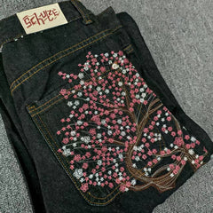 Y2K 2000s Cherry Blossom Pocket Embroidery Hip Hop Loose