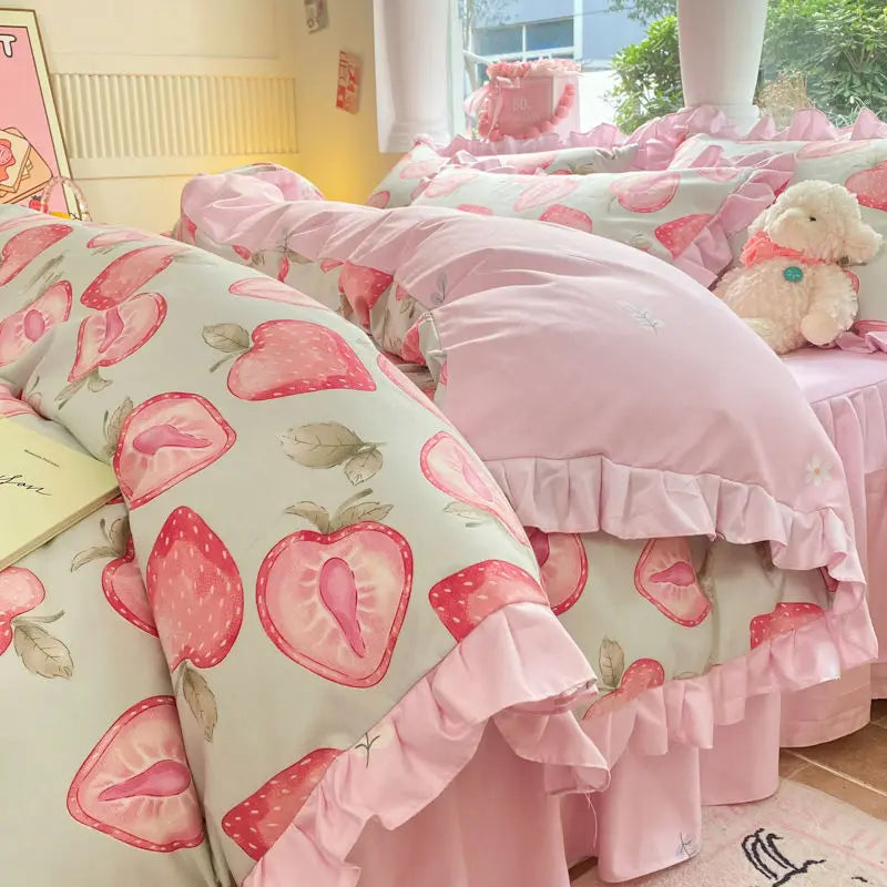 Cartoon Washed Cotton Bed Sheet Four-piece Set Non-cotton Thickened Brushed Quilt Cover Bed Skirt Style Princess Style Bedroom