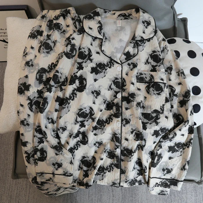 Print Flower Soft Thin Pajama Set Casual 2 Pieces Pajama Set Full Length Sleepwear