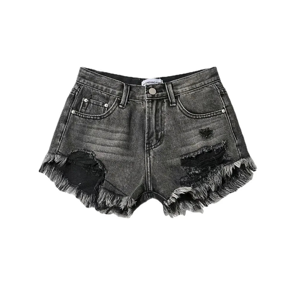 Shorts Denim Washed Jean High Waist Hole Spliced Slim Fit Jeans Casual Pockets Short Straight Pants