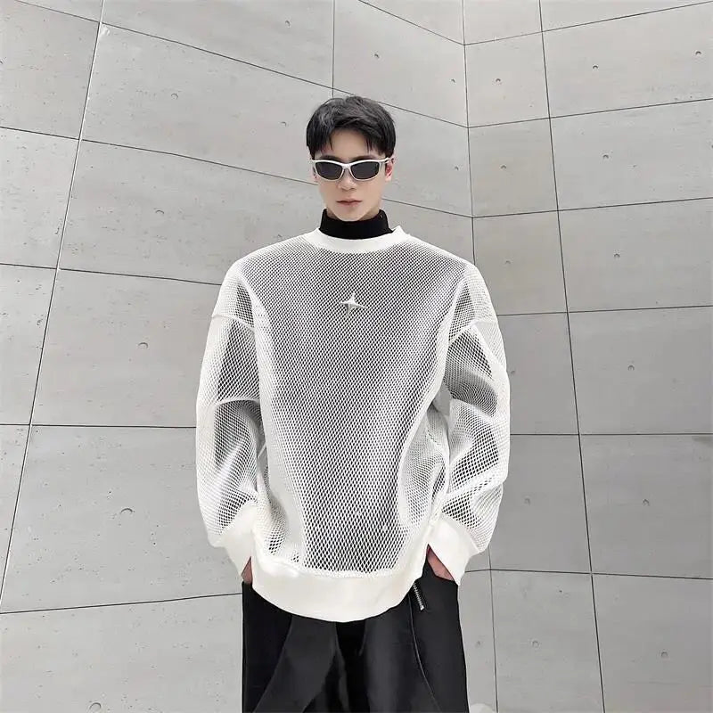 Korean Clothes Hollow Out Ice Silk Fabric Wear Sheer Out Streetwear Round Neck Long Sleeve T-shirt