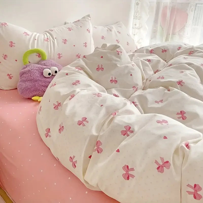 3pcs Pink Bow Duvet Cover Set with 2 Pillowcases, Cozy