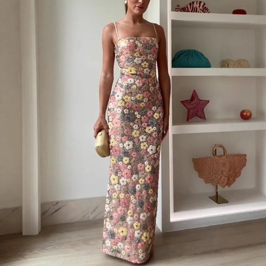 Summ Flowers Sequin Patchwork Slim Party Long Dress Strapless Maxi Dress, Sleeveless Ladies Dress Vestidos