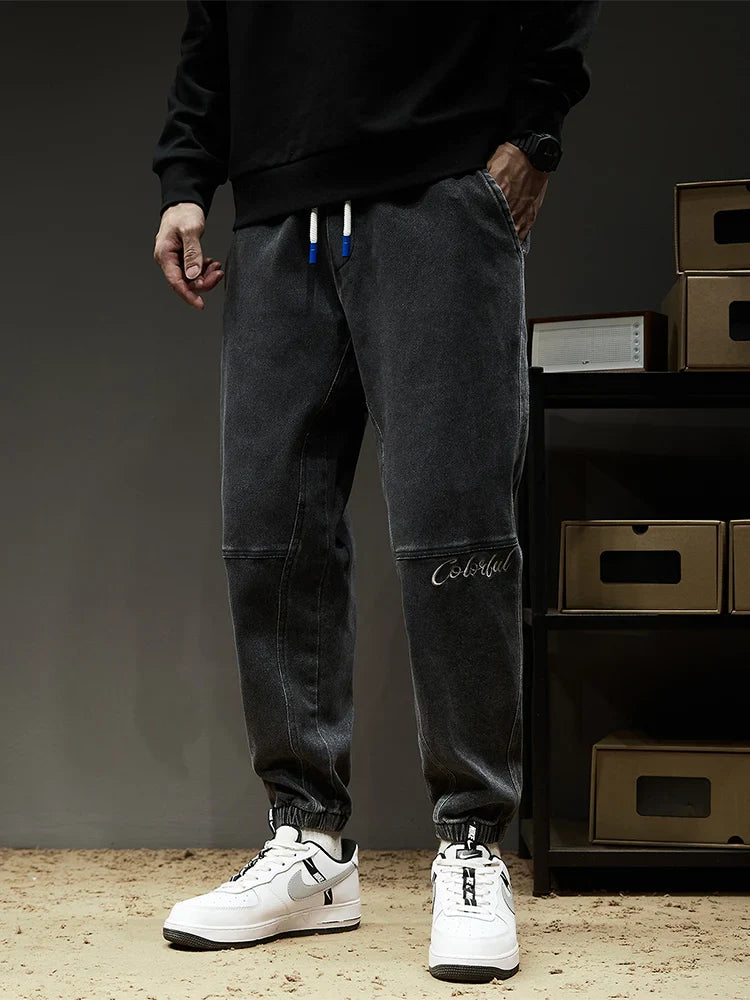 Cargo Jeans Slight Stretch Cotton Denim Jogger Pants Black Blue Streetwear Baggy Jeans