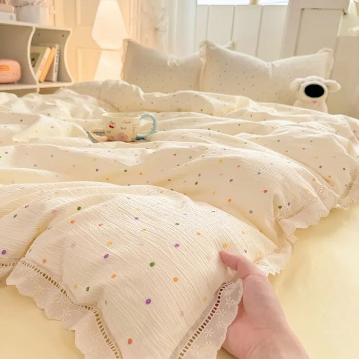 hollow lace wrinkled cotton four-piece set household student dormitory three-piece set bed sheet quilt cover