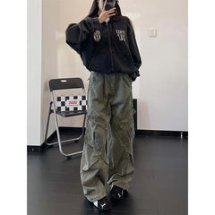 Retro American Denim Work Pants Loose Wide Leg Slimming Pleated Straight Long Pants Large Pocket