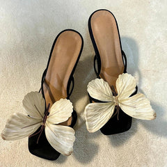 Designers Open Toe Butterfly-knot Slippers Slip On Ladies Elegant Thick Heel Dress Slides