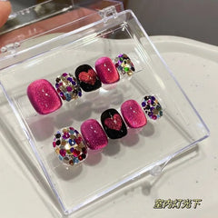 10pcs Handmade press on Nails Dragon Fruit Crystal Cat's Eye Glittering Heart Fake Nail