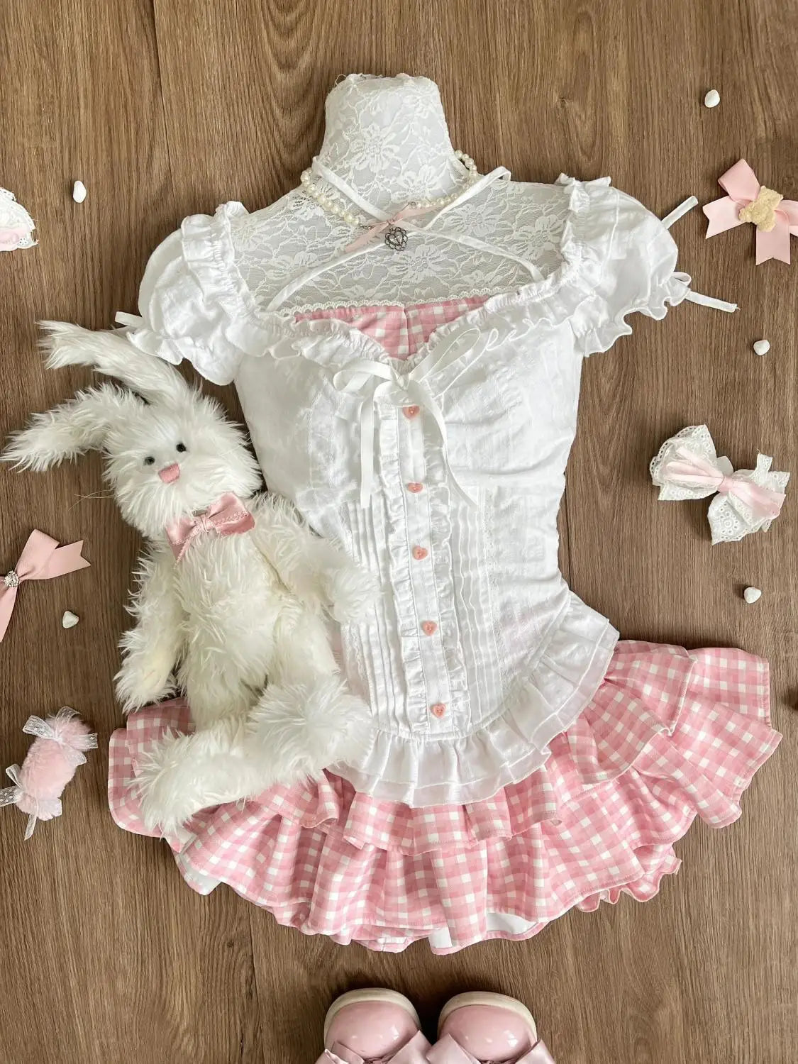 Japanese Kawaii Lolita Elegant 2 Piece Sets Pink Y2k Bow Design Mini Skirt Suit Princess Sweet Chic Outfits