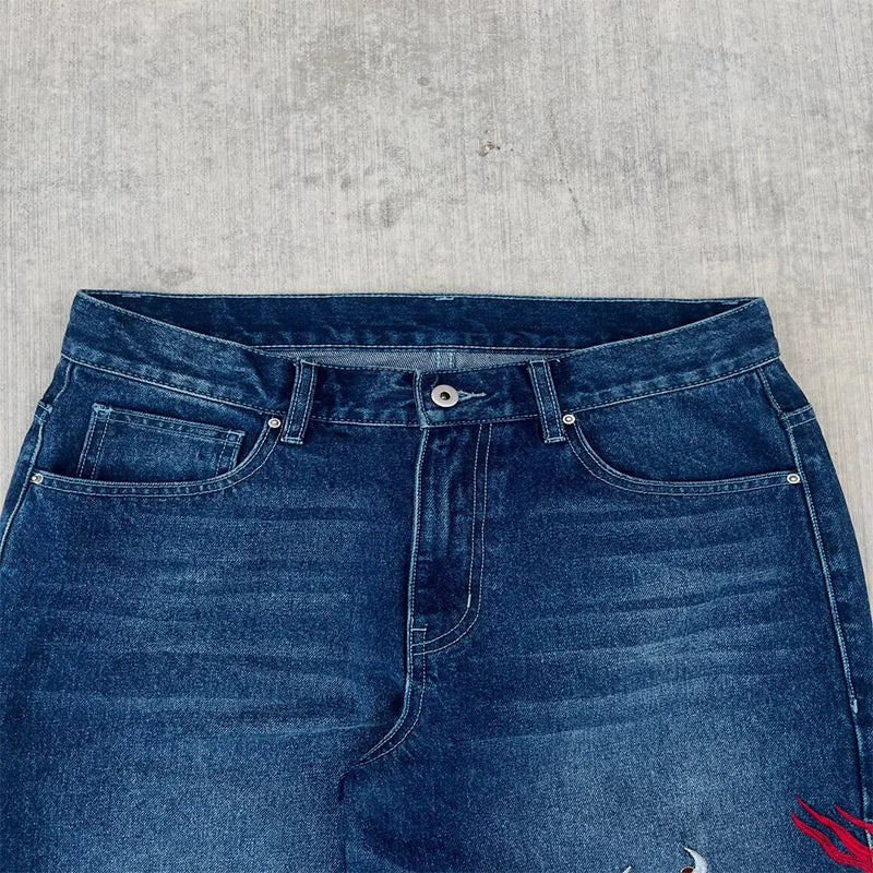 Dragon Graffiti Embroidery Dark Blue Loose Wide Leg Distressed Jeans Y2K High Waist Vintage Casual Daily Streetwear