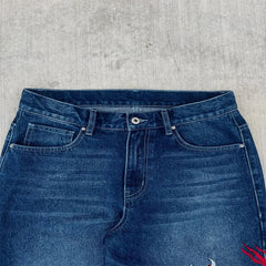 Dragon Graffiti Embroidery Dark Blue Loose Wide Leg Distressed Jeans Y2K High Waist Vintage Casual Daily Streetwear