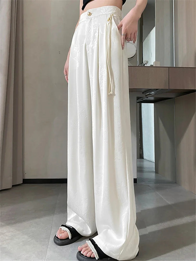Chinese Style Jacquard Wide Leg Satin Pants