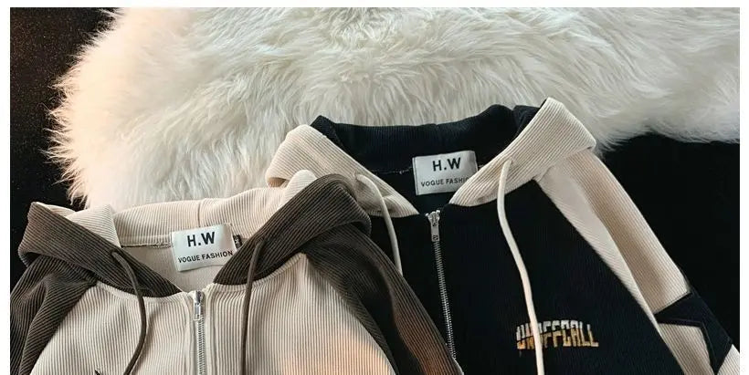 American Retro Star Patch Designs Zipper Hoodie Street Joker Sweatshirt Unisex Stitching Loose Casual Top