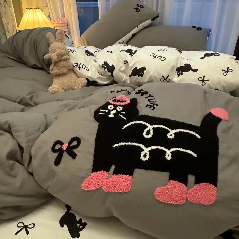 Korean Style Bedding Set Green Strip Black Cat Embroidery Washed Cotton Duvet Cover Cute Cardboard Bed linen Comforter Sets