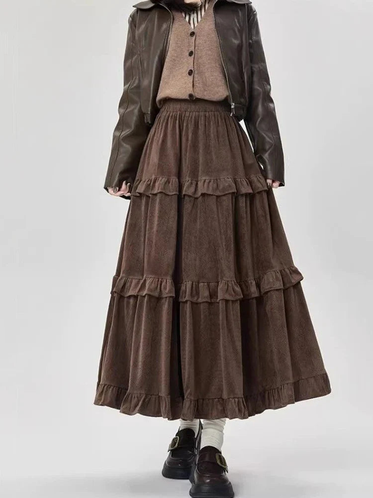 Fleece Midi Skirt Y2K Thick Ruffled Patchwork Casual Skirt Ladies High Waist Preppy A Line Skirt New