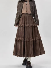 Fleece Midi Skirt Y2K Thick Ruffled Patchwork Casual Skirt Ladies High Waist Preppy A Line Skirt New