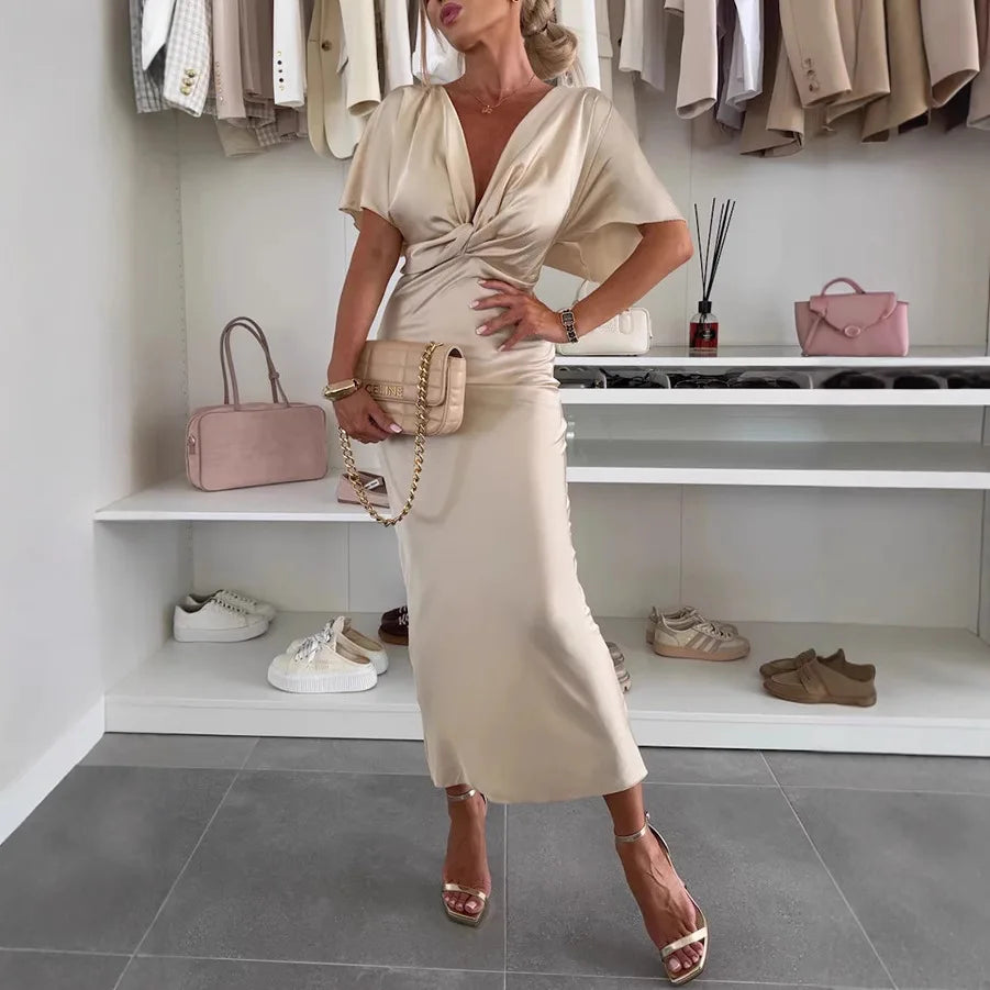 Satin Dress Batwing Short Sleeve Wrap V-neck Twist Bodycon Midi Long Dresses Party High Street Dresses
