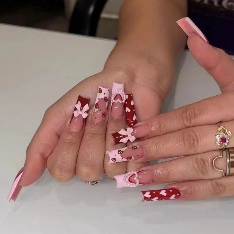 24pcs Rhinestones Full Cover Nail Art Datachable Glitter French Press on Nails Tip Flower Long Square Fake Nail Pink False Nails