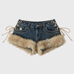 Retro Design Fluffy Splicing Jeans Shorts Y2k Low-rise Strap Slim Pants