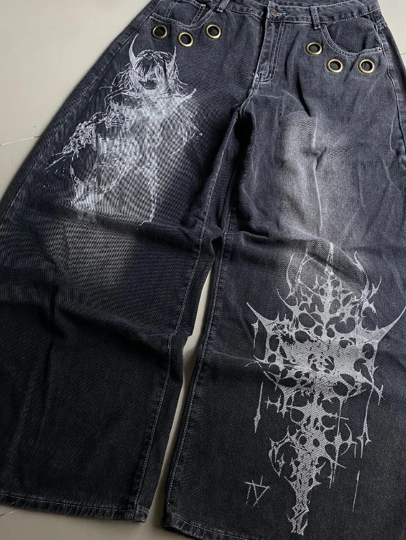 American Oversized Pattern Printed Washed Jeans Y2K Gothic Rock Casual Joker High Waist Wide Leg Pants