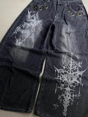 American Oversized Pattern Printed Washed Jeans Y2K Gothic Rock Casual Joker High Waist Wide Leg Pants