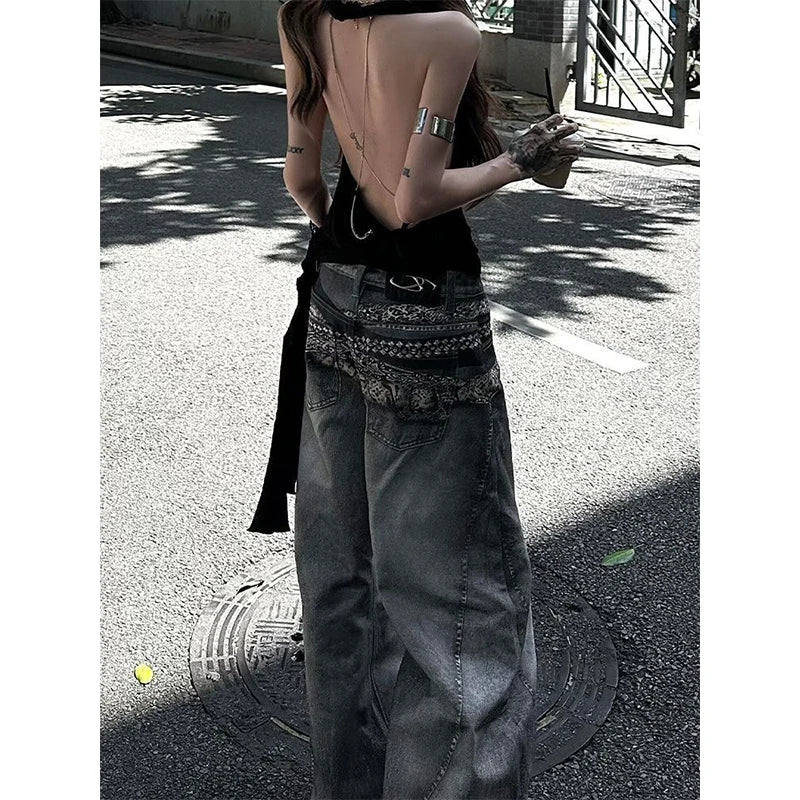 American Vintage Hip-hop High Waist Print Jeans Casual Baggy Y2K Wide Leg Grunge Streetwear Style Denim Trouser