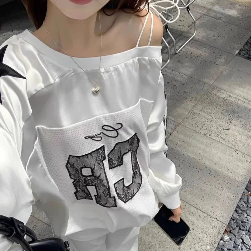 Y2k Lace Letter Hoodie Skew Collar Lace Up Streetwear Hoody Harajuku Vintage Oversized Stripe Long Sleeve Tops