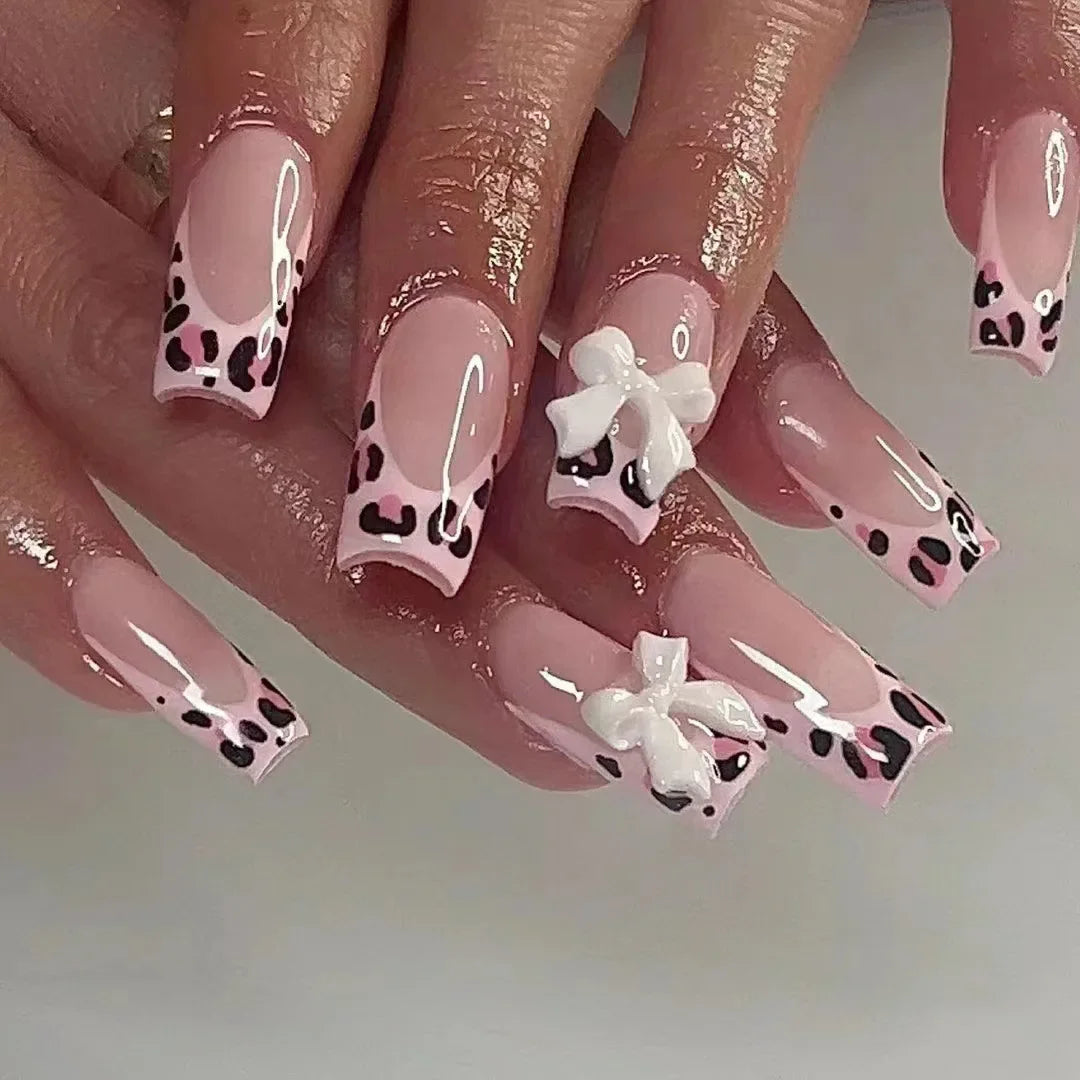 24Pcs Long Coffin Leopard Print False Nails with Glue Sweet Cool Diamond Fake Nail Set Floral French Press on Wearable Nail Tips