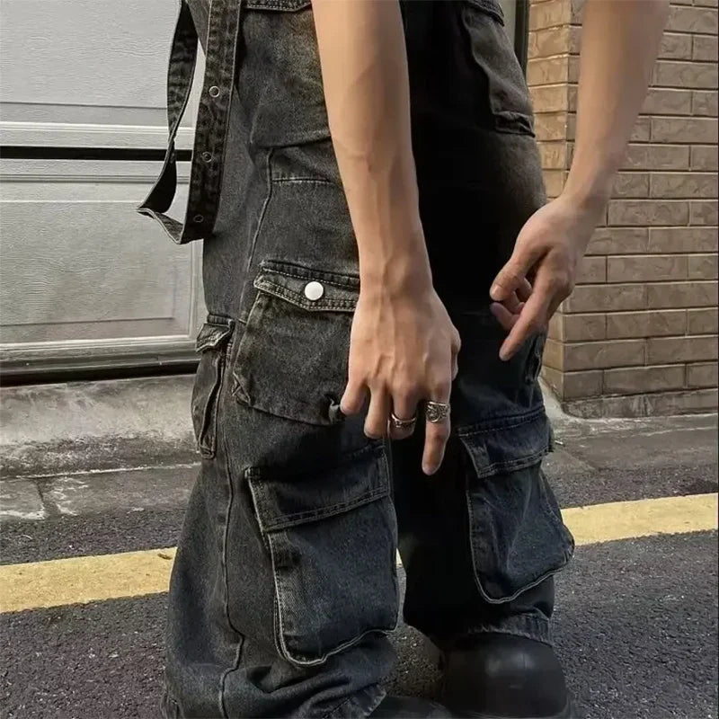 Y2K High Street Jeanss Multi-Pocket Hiphop Cargo Pants Vintage Straight Wide-Leg Denim Trousers Streetwear