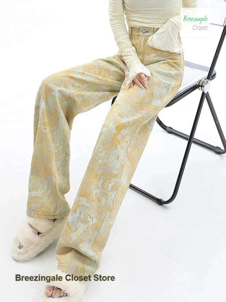 Retro yellow tie-dye printed dopamine jeans temperament high waist design loose Joker wide-leg pants.