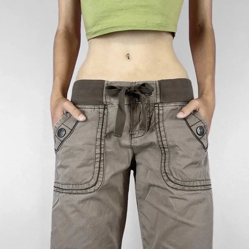 Retro Lace-up Low Rise Pants Streetwear Patchwork Loose Casual