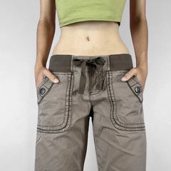 Retro Lace-up Low Rise Pants Streetwear Patchwork Loose Casual