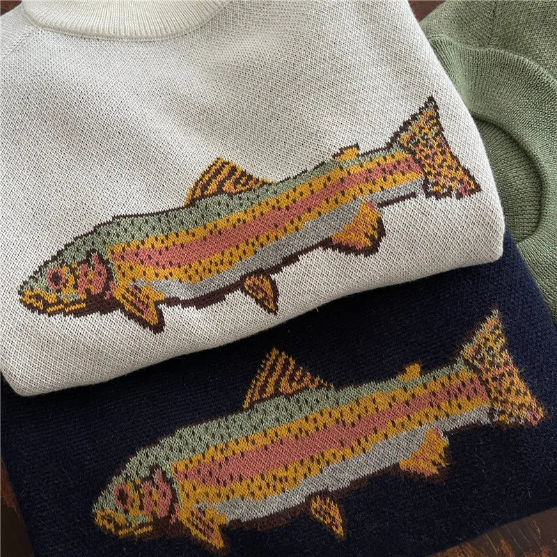 Y2K Contrast Fish Sweater Long Sleeve Crew Neck Ribbed Knit Pullover Sweaters Casual Knitwear Tops