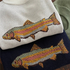 Y2K Contrast Fish Sweater Long Sleeve Crew Neck Ribbed Knit Pullover Sweaters Casual Knitwear Tops