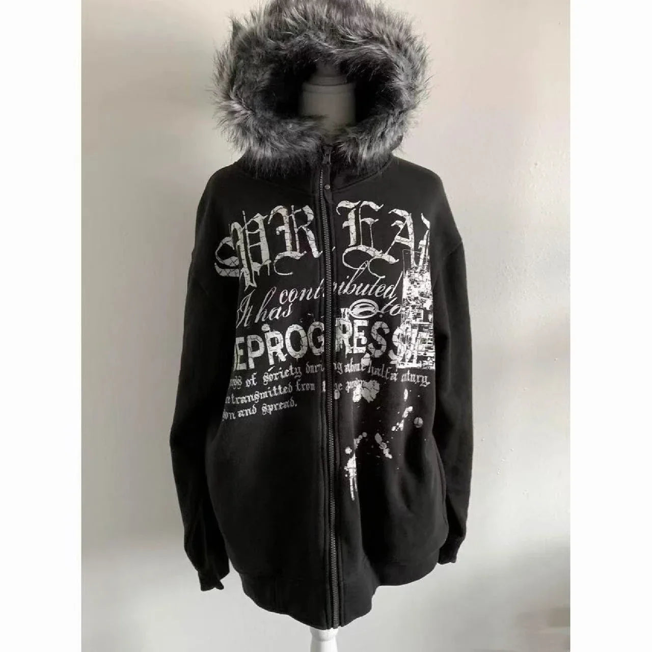 Korean Sweatshirts Harajuku Gothic Printed Coats Jackets Subculture Vintage Faux Fur Hooded Casual Y2k Clothing