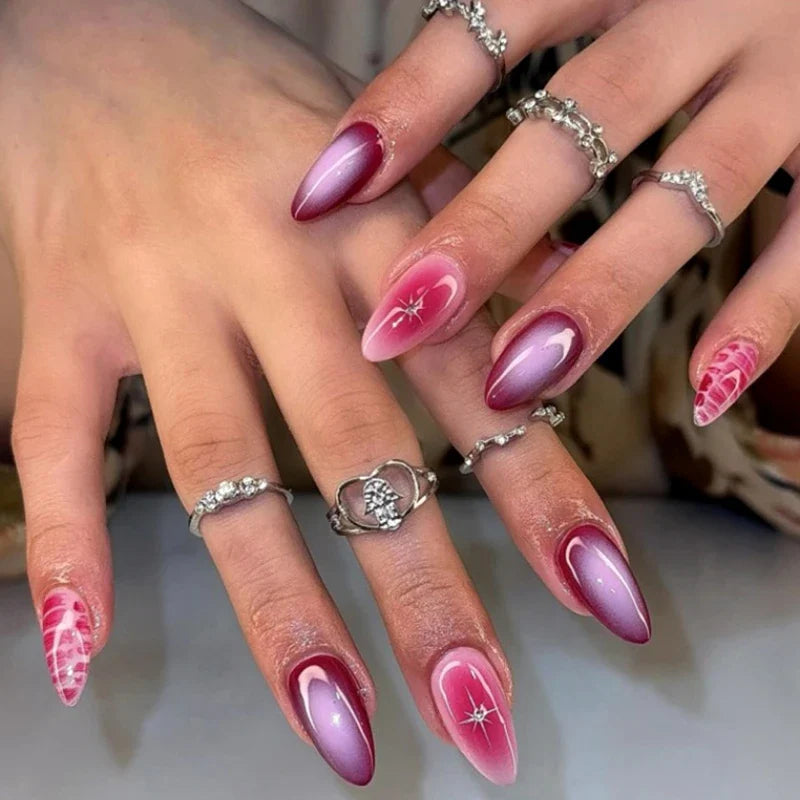 Pink Yellow Halo Dyeing Flower Water Ripple False Nails Leopard Long Pointed Fake Nails Art Press on Nails Charm Manicure