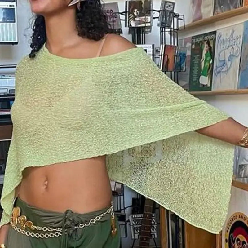 Combhasaki Knitwear Bikini Cover-up See-through Solid Off Shoulder Irregular Triangle Hem Loose Pullover Beach Tops