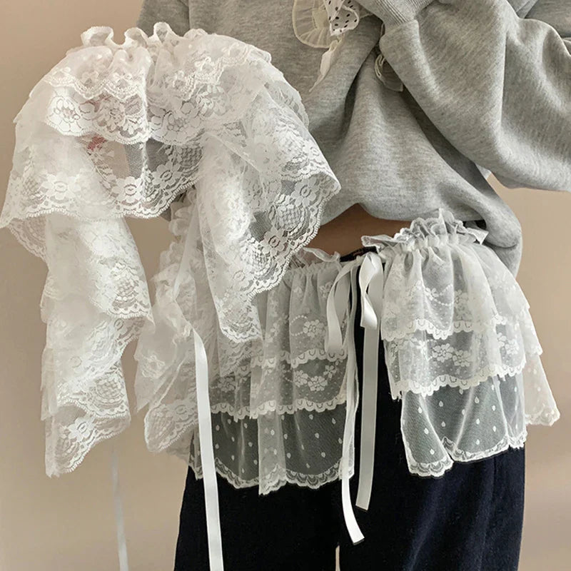 Korean Lace Irregular Skirt Curtain White Flowers Lace Mesh Halfbody Skirt Bottoms Jeans Decorative Hemline