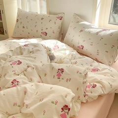 Korean Flowers Bedding Set Kids Twin Full Queen Size Soft Bed Flat Sheet Duvet Cover Set Pillowcases Simple Bed Linen