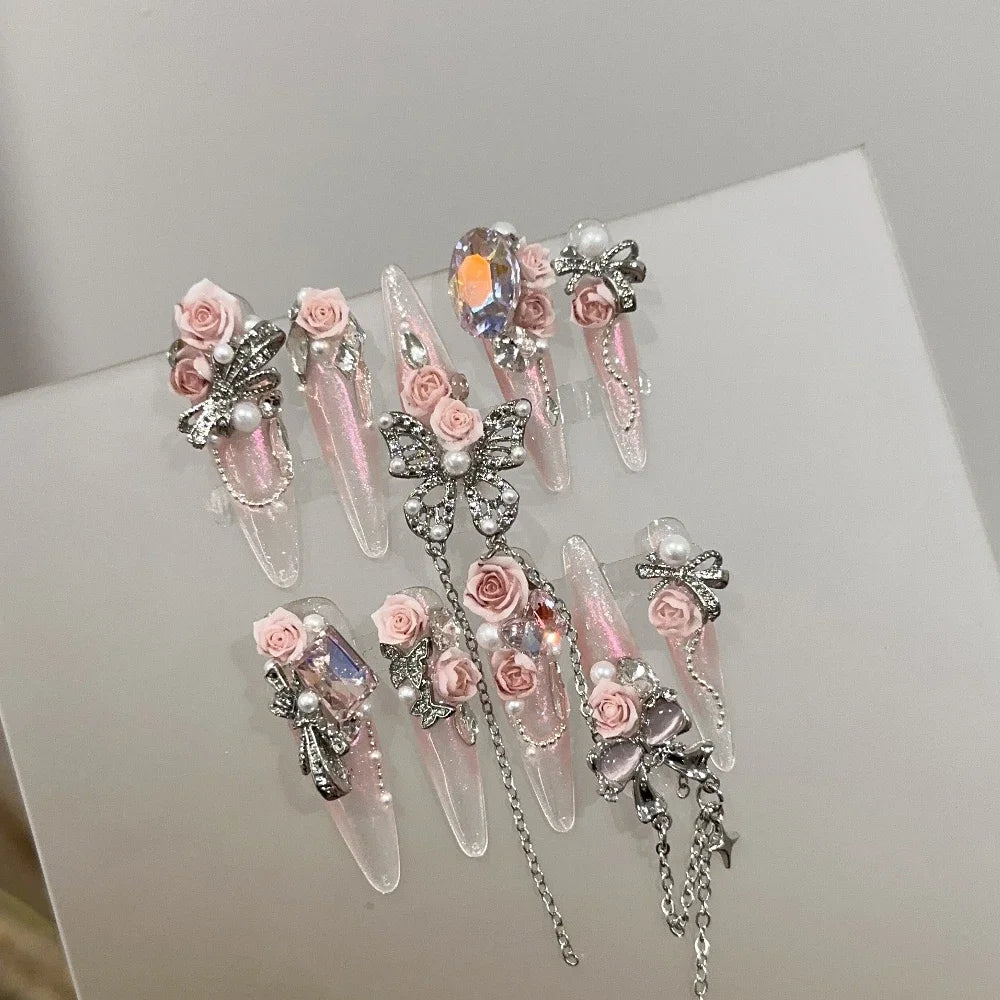 Sweet Lovely Cartoon Bear Long Coffin Stiletto Fake Nails Bowknot Pearl Diamond Flowers Cat Eyes Wearable Fake Nails